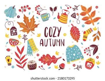 Autumn cozy sticker set with lettering. Pumpkin, sweater, harvest, yellow leaves, leaf fall, boots, acorn, mushroom on a white background