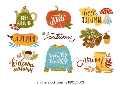 Autumn Cozy Sticker Set With Lettering. Pumpkin, Sweater, Harvest, Yellow Leaves, Leaf Fall, Boots, Acorn, Mushroom On A White Background