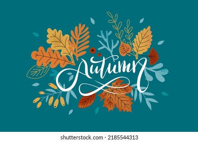 Autumn cozy sticker set with lettering. Pumpkin, sweater, harvest, yellow leaves, leaf fall, boots, acorn, mushroom on turquoise background