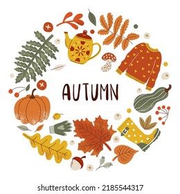 Autumn Cozy Sticker Set With Lettering. Pumpkin, Sweater, Harvest, Yellow Leaves, Leaf Fall, Boots, Acorn, Mushroom On A White Background