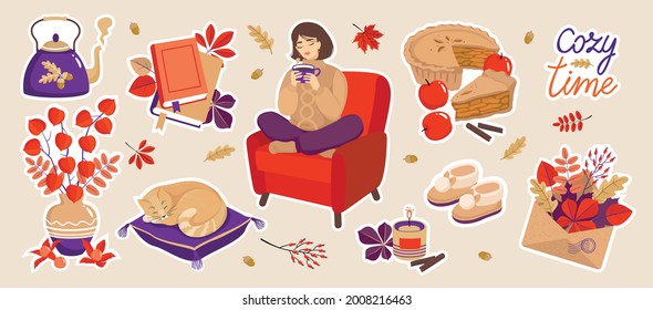 Autumn cozy stickers set: a teapot, a girl in a chair, a sleeping cat, warm slippers, physalis, books, leaves, a candle. Vector, isolated.