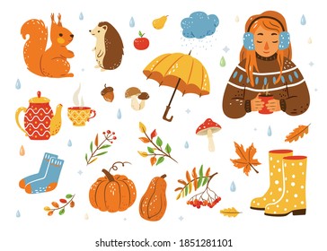 Autumn cozy vector illustration set. Cute cartoon fall sticker with squirrel, hedgehog, sweet girl with hot tea, yellow rubber boots, socks, teapot, acorn, mushroom and other.