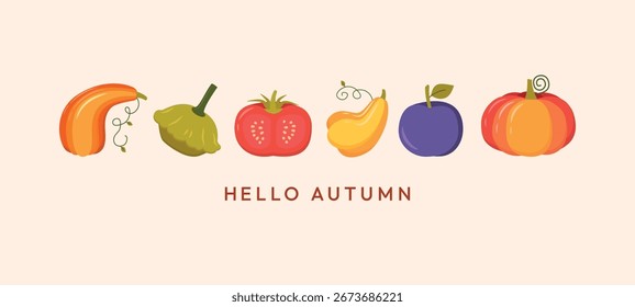 Concepto creativo de otoño con calabazas, verduras, tomates y hojas. Vibrante Anuncio estacional con tipografía. Antecedentes de Acción de Gracias