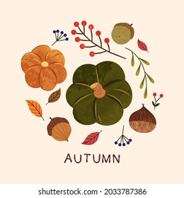 Autumn crops and berries, acorns and chestnuts and pumpkins. Collection of autumn elements.