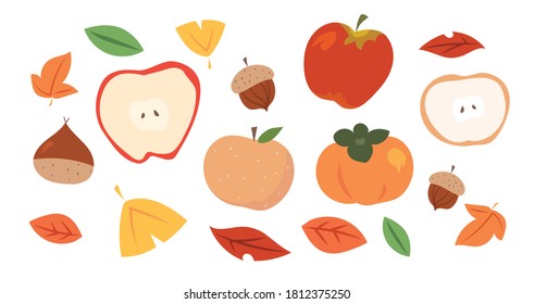 Autumn crops, tree fruits. Fall leaves, apples, pears, chestnuts, acorns, persimmons.