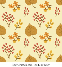 Autumn cross stitch seamless pattern. Cozy fall leaves, acorns, and red berries cross stitched design on cream background for Thanksgiving decor, autumn apparel, and scrapbooking.