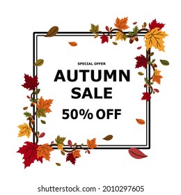 Autumn crunchy leaves frame background template for promo poster, shopping sale, leaflet, web banner with white blank background at middle flat vector illustration.