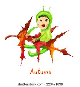 Autumn crying child watercolor illustration vector