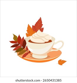 Xícara de outono de café aromático e chantilly com folhas de outono sobre fundo branco. Vetor desenho animado xícara de ilustração plana de café quente. Outono acolhedor. Imagem, postal.