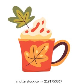 Autumn Cup Of Coffee Or Cacao Decorated With Leaves. Cozy Hot Drink. Fall Decorative Objects. Warm Hygge Aesthetics. Flat Cartoon Hand-drawn Style