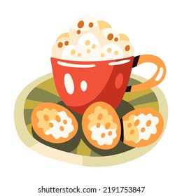 Autumn Cup Of Coffee Or Cacao With Fluffy Foam And Cookies. Cozy Hot Drink. Fall Decorative Objects. Warm Hygge Aesthetics. Flat Cartoon Hand-drawn Style