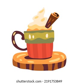 Autumn cup of coffee or cacao with fluffy foam and cinnamon on a wood stand. Cozy hot drink. Fall decorative objects. Warm hygge aesthetics. Flat cartoon hand-drawn style