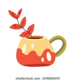 Autumn Cup Of Coffee, Tea Or Cacao Decorated With Leaves. Cozy Hot Drink. Fall Decorative Objects. Warm Hygge Aesthetics. Flat Cartoon Hand-drawn Style