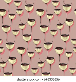 autumn cup flowers seamless pattern in brown and pink
