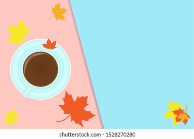An autumn cup of hot coffee is on the table, colored maple leaves are scattered around, top view. Vector EPS 10