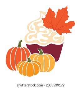 autumn cupcake with little pumpkin and leaves, vector artwork