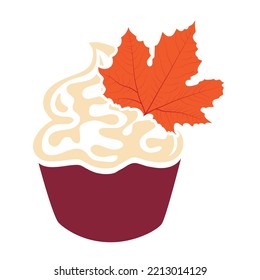 autumn cupcake with, flowers and leaves, vector artwork