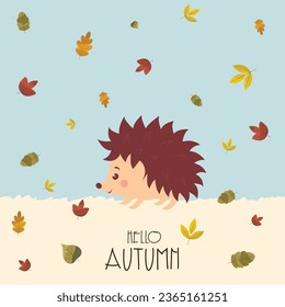 Un lindo animal otoñal. Fondo con hojas de otoño y porcupina. Diseño de cuadros con adorables erizos y hojas de otoño, nueces y bayas. Ilustración vectorial.