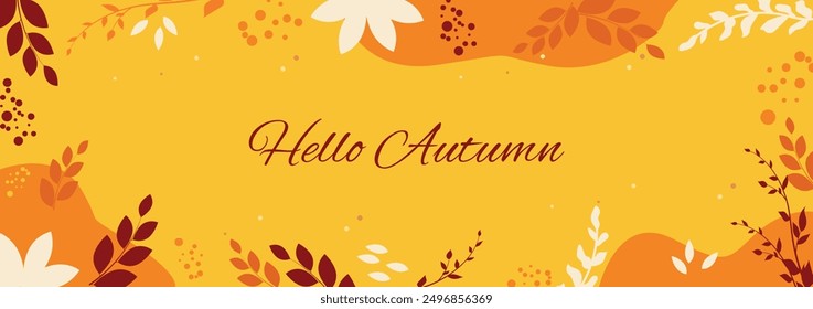 Autumn cute background. Frame of autumn leaves, branches and berries. Autumn horizontal banner.