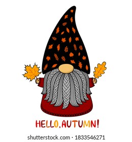 Autumn cute cartoon gnome. Vector illustration. Funny character in a hat made of leaves and text. Isolated on white background. For postcards, flyers, printing on t shirt, invitations, paper cutting .