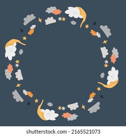 Autumn cute clouds wearing hats vector illustration for good night postcards and decoration. Dreamy sky nature objects