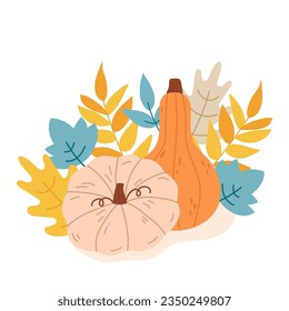 Autumn cute composition with pumpkin and leaves