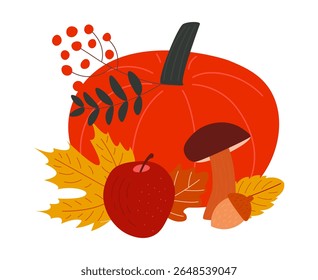 Autumn cute and cozy composition with mushroom and pumpkin and autumn leaves. Colorful harvest elements for sticker pack or design.