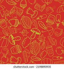 autumn cute and cozy doodle image in vector. Cup of tea, cup of coffee, pumpkin, umbrella, pie, mushrooms, acorn, candle