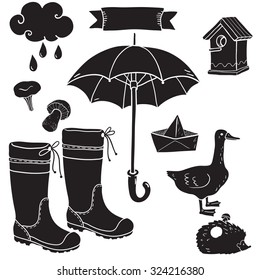 Autumn cute elements drawn in doodled | Vector set of autumn themed retro design elements | Moody sky abstract background | black and white