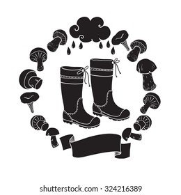 Autumn cute elements drawn in doodled | Vector set of autumn themed retro design elements | Moody sky abstract background | black and white