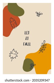 Autumn cute fall vector illustration perfect for poster, postcard, print, web, greeting cards, social. Modern hand drawn characters with faces - acorn, leaves, trendy abstract forms. Funny and cozy.