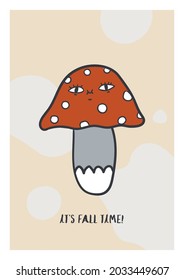 Autumn cute fall vector trendy illustration perfect for poster, postcards, print, web, greeting cards, social media. Modern hand drawn characters with faces - mushrooms, slug, leaves. Funny and cozy.