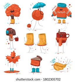 Autumn cute and funny vector cartoon characters set isolated on a white background.