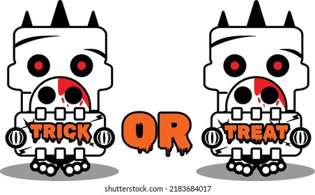 autumn cute halloween skull mascot character vector cartoon holding trick or treat board
