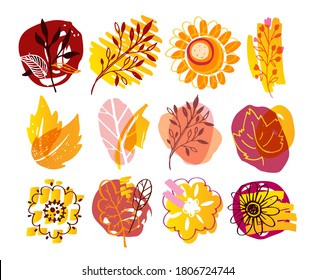 Autumn Cute Hand Drawn Doodle Leaf And Flower Set. Abstract Fall Template Banner Art For Pattern, Background, Fabric.Abstract  Splash Set.