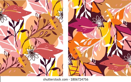 Autumn cute hand drawn doodle leaf and flower set. Abstract fall template banner art for pattern, background, fabric.Abstract  splash set.