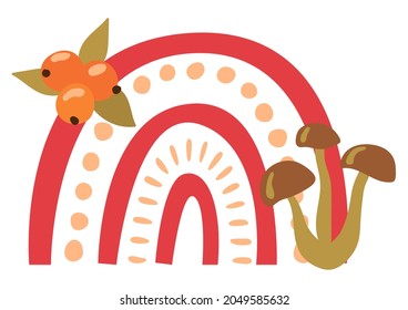 Autumn cute hand drawn rainbow with berries and mushrooms. White background, isolate. Vector illustration.
