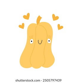 Autumn cute hand drawn smiling pumpkin, seasonal object. Vector illustration in flat style