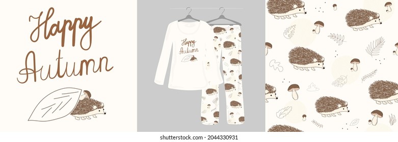 Otoño. Cortos erizos, animales de dibujos animados con un fondo blanco. Patrón sin foco para niñas, mujeres. Pajamas de diseñadora femenina. Ilustración vectorial. Tipografía de ropa, camisas, camisetas. Obtenido a mano. 