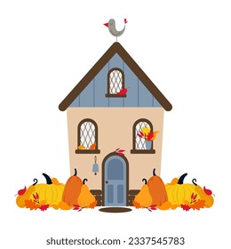 Autumn cute house with bird, leaves, berries and pumpkins. Sweet home or welcome home concept. Vector flat illustration.