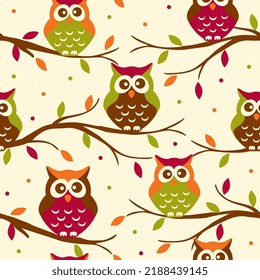 Autumn Cute Owls character with Ivory background. Perfect for fall and Thanksgiving. Seamless vector pattern