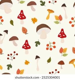 Autumn cute pattern with mushrooms and berries on a white background.

