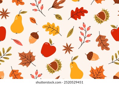 Autumn cute seamless pattern. Fall cozy elements. Hand drawn chestnut, star anise, fall leaves, acorn, pear, apple, berries. Seasonal background. Vector flat illustration.