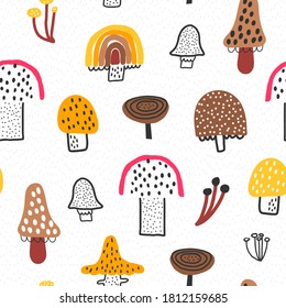 Autumn. Cute seamless pattern with mushrooms. Hand drawn  texture for fabric, wrapping, textile, wallpaper, apparel. Vector illustration.
