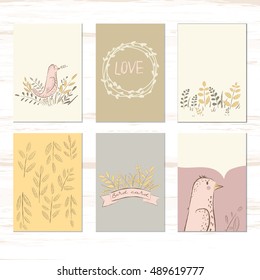 Autumn. Cute small bird. Set of cards for baby shower. Autumn. Decor for invitations, journal cards, greeting cards, posters, blogging. Children's illustration.