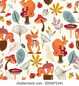 Autumn Cute Squirrel Character with Botanicals Vector Seamless Pattern 