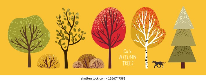 autumn cute trees, set of vector illustrations of cute trees and shrubs: oak, birch, aspen, linden, fir, sun and dog autumn cute trees, set of vector illustrations of cute trees and shrubs: oak, birch, aspen, linden, fir, sun and dog