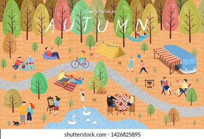 Autumn. Cute vector illustration of the autumn landscape with people on vacation in the park on a picnic, trees, bus and lake. Family weekend in nature. Top view	
