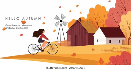 Autumn Cycling: Woman Biking Through Fall Landscape vector illustration