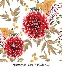 Autumn dahlia flowers, herbs and yellow Chanterelles mushrooms seamless pattern. White background.